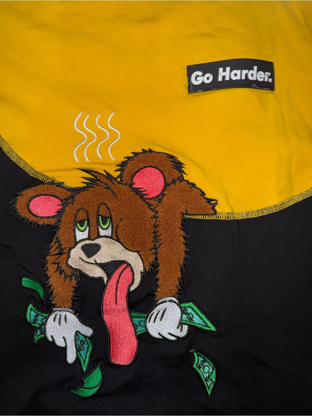 Makobi Jeans Black & Yellow Two-Tone "Go Harder" Tom and Jerry Embroidered Tee - Picture 2 of 7
